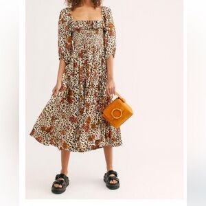Free People Long Sleeve Leopard Floral Dress - Cream and Brown